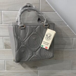 Valentino Orlandi Gray Quilted Satchel with Gold-Tone Hardware